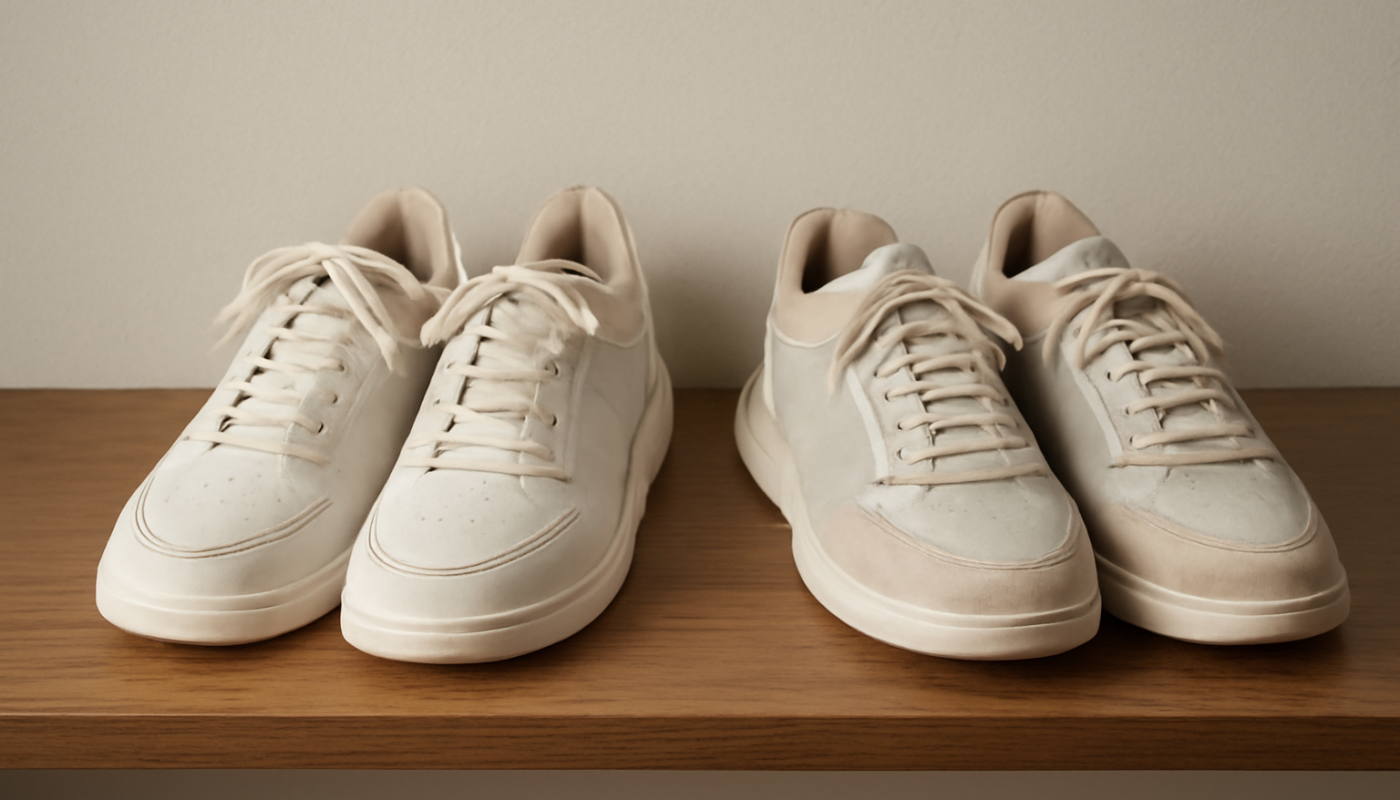 deux paires de sneakers montées sur étagère comparées côte à côte