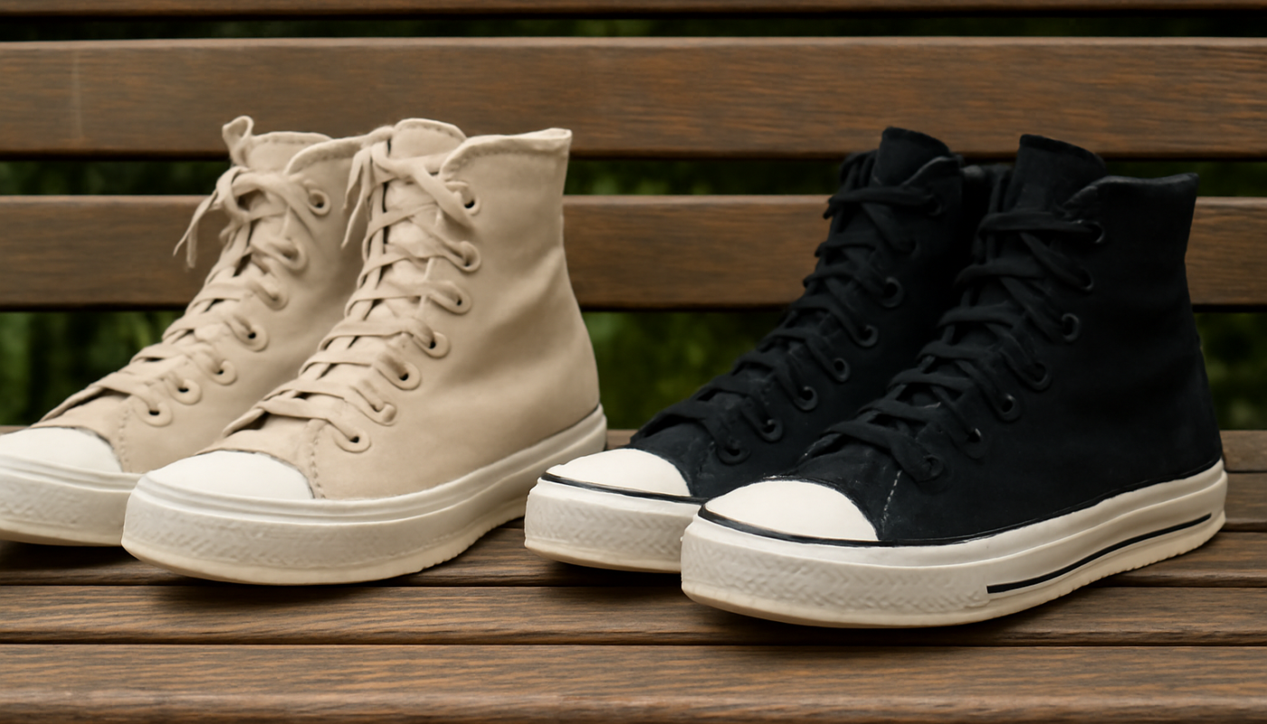 deux paires de sneakers montantes comparées sur un banc