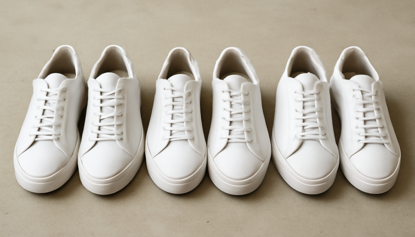 trois paires de sneakers blanches posées côte à côte sur un sol neutre