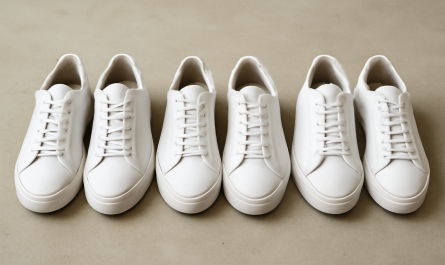 trois paires de sneakers blanches posées côte à côte sur un sol neutre