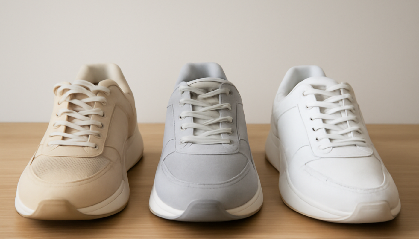 trois paires de sneakers modernes alignées sur une table