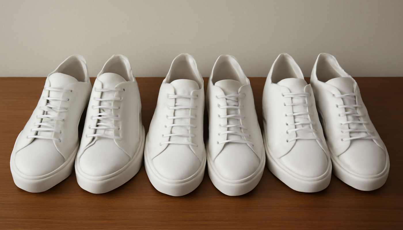 trois paires de sneakers en cuir blanc posées côte à côte sur une table