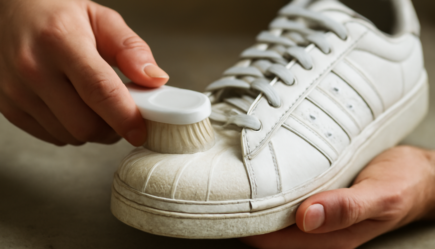 nettoyage de sneakers blanches avec embout coque et brosse
