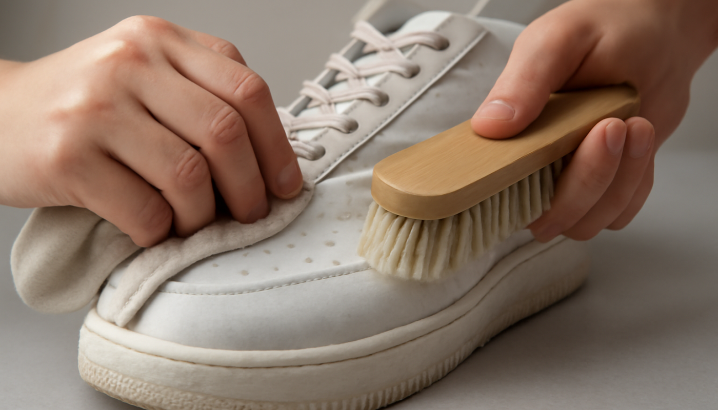 nettoyage de sneakers blanches en cuir avec brosse douce et chiffon