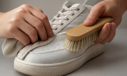 nettoyage de sneakers blanches en cuir avec brosse douce et chiffon