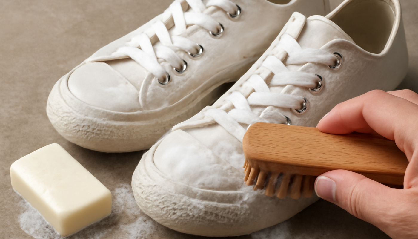 nettoyage de sneakers en toile blanche avec brosse et savon