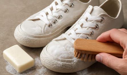 nettoyage de sneakers en toile blanche avec brosse et savon