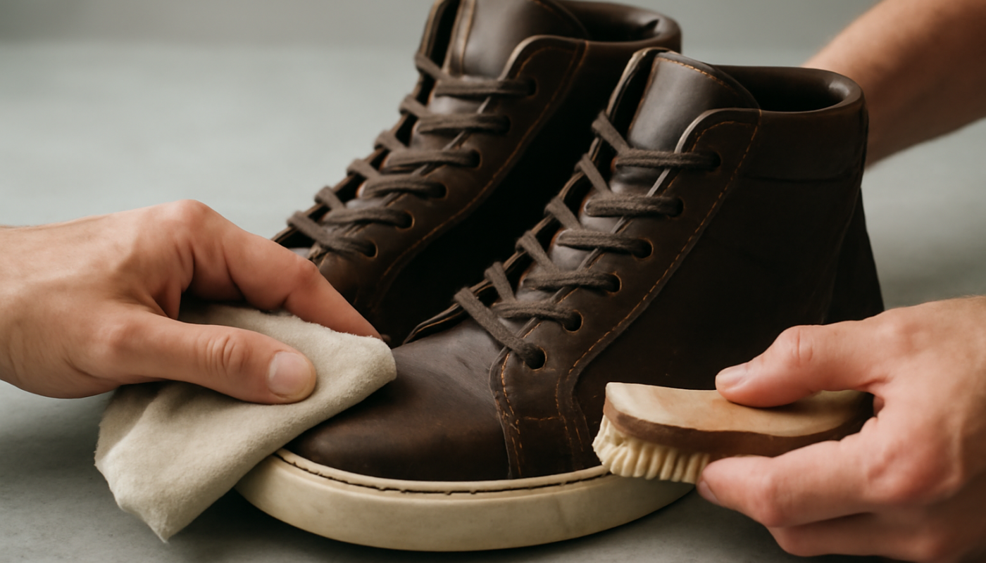 nettoyage de sneakers montantes en cuir avec chiffon et brosse douce