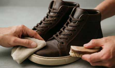nettoyage de sneakers montantes en cuir avec chiffon et brosse douce