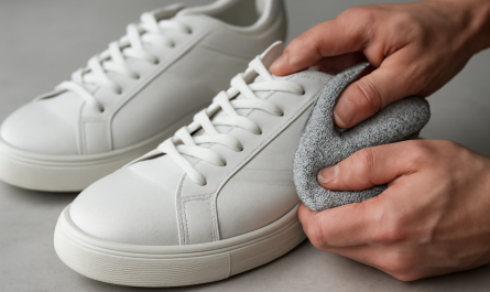 nettoyage de sneakers en cuir blanc avec chiffon microfibre