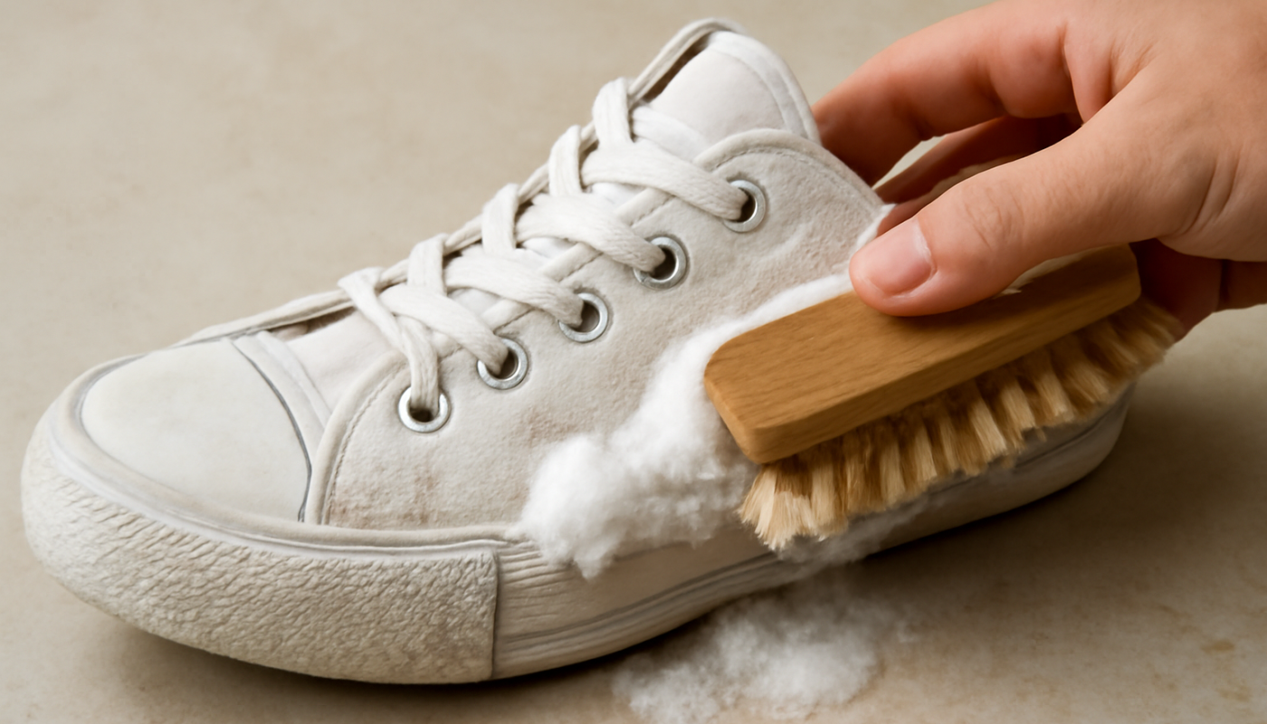 nettoyage de sneakers en toile blanche avec brosse et mousse