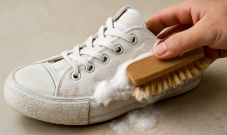 nettoyage de sneakers en toile blanche avec brosse et mousse