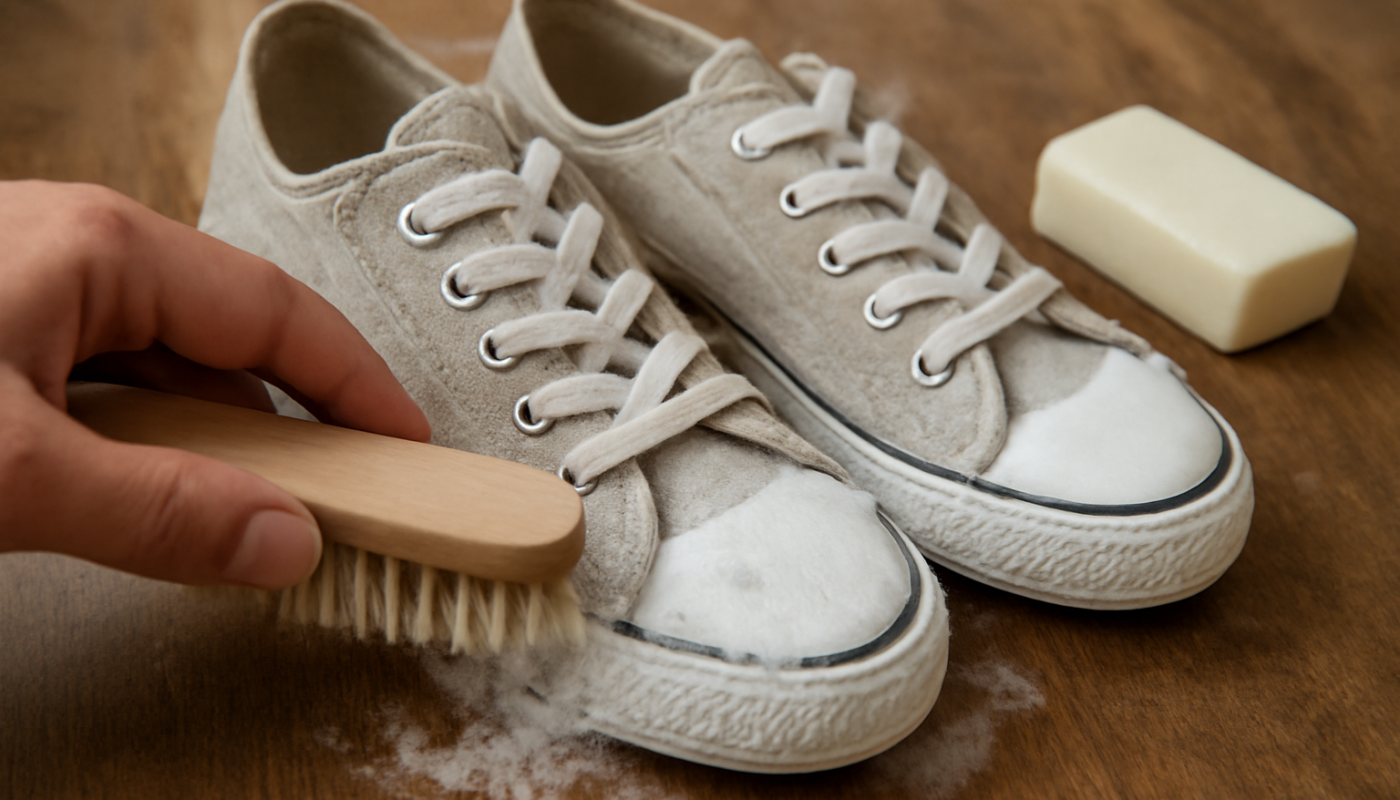 nettoyage de sneakers en tissu avec brosse souple et savon