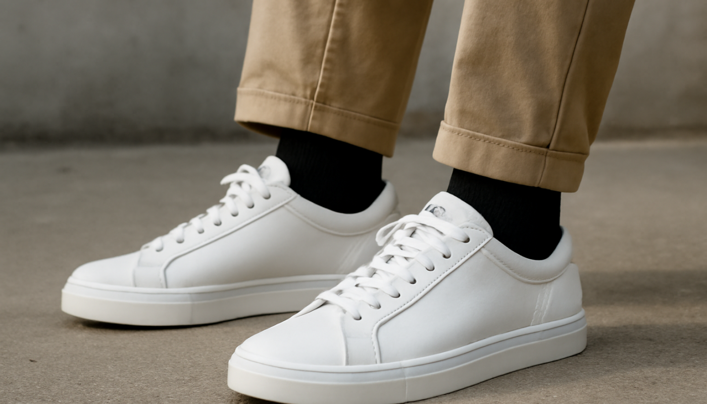 sneakers premium en cuir portées avec tenue streetwear minimaliste