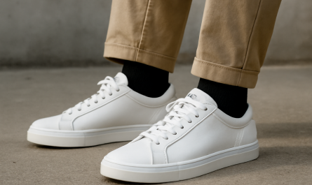 sneakers premium en cuir portées avec tenue streetwear minimaliste