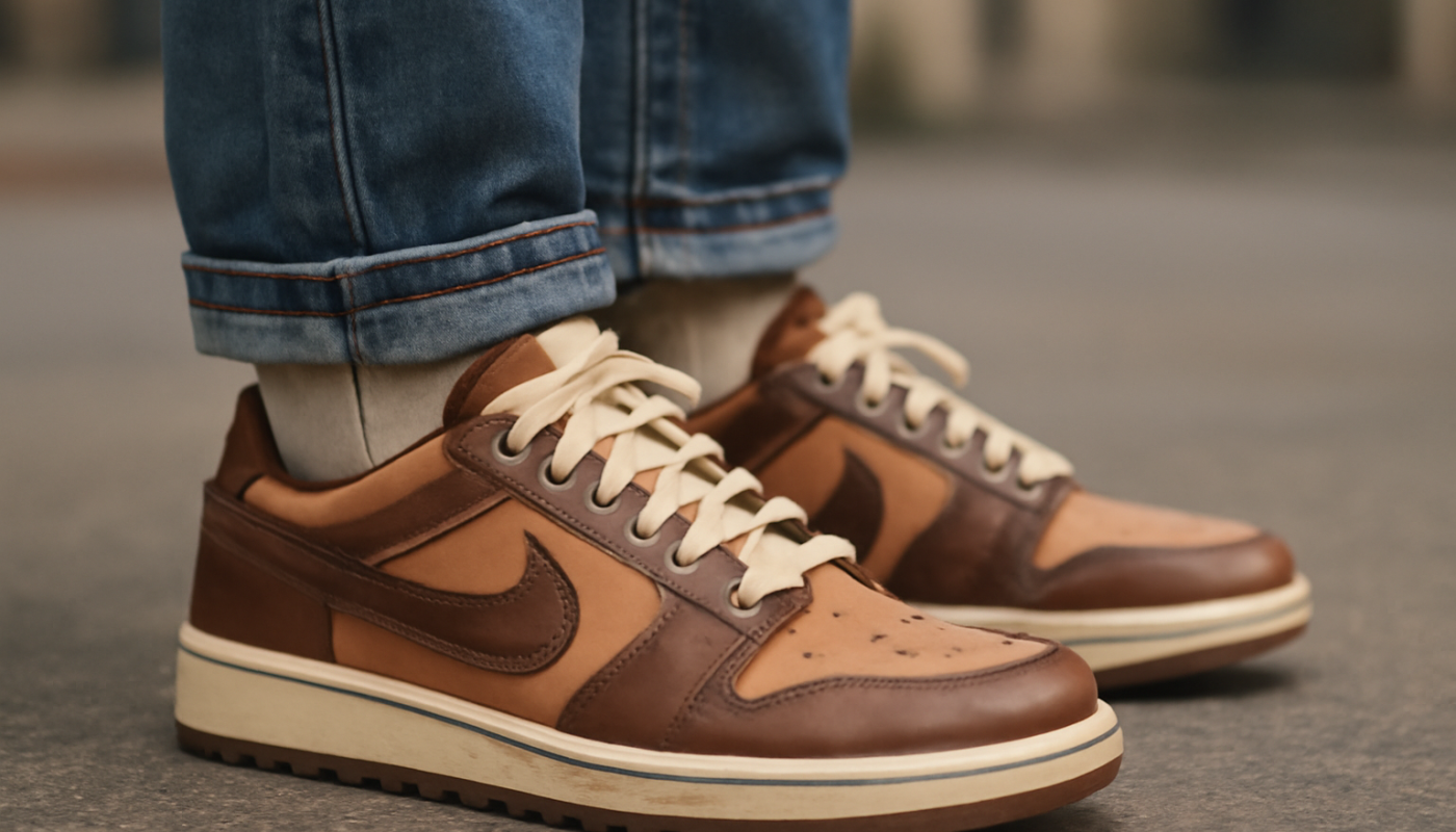 sneakers rétro en cuir portées avec tenue casual