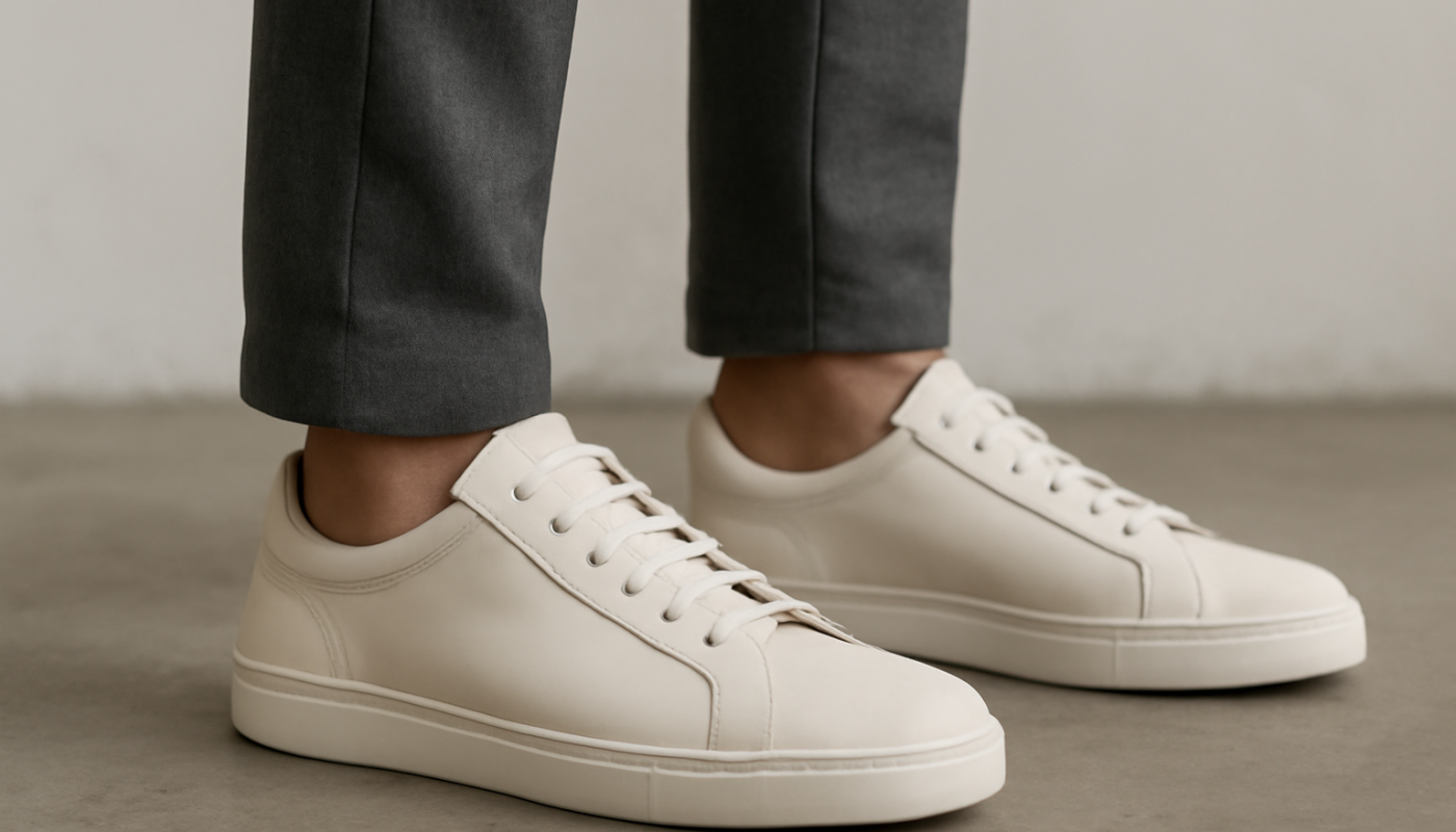 sneakers minimalistes premium portées avec pantalon moderne