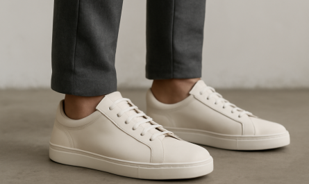 sneakers minimalistes premium portées avec pantalon moderne