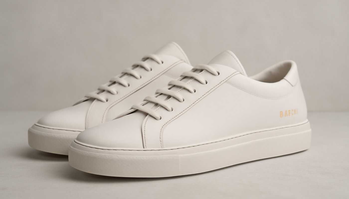 sneakers minimalistes en cuir avec numéro doré sur le côté