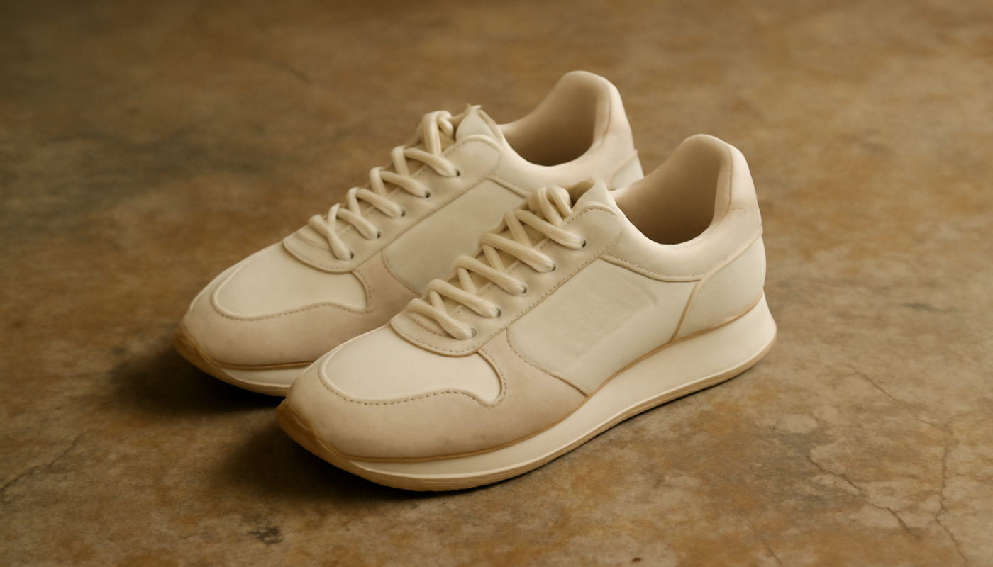 sneakers rétro minimalistes posées sur sol vintage