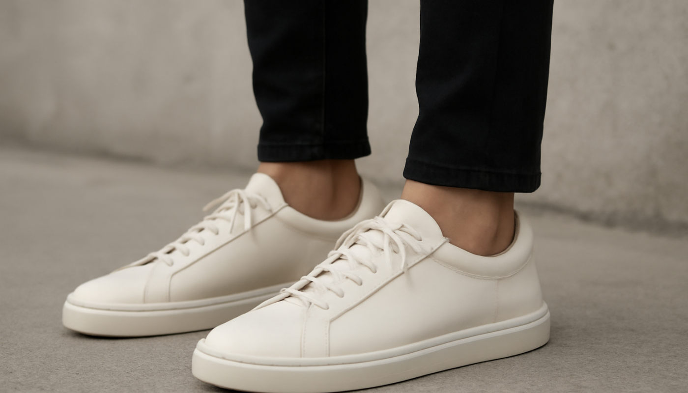 sneakers minimalistes en cuir portées avec pantalon ajusté