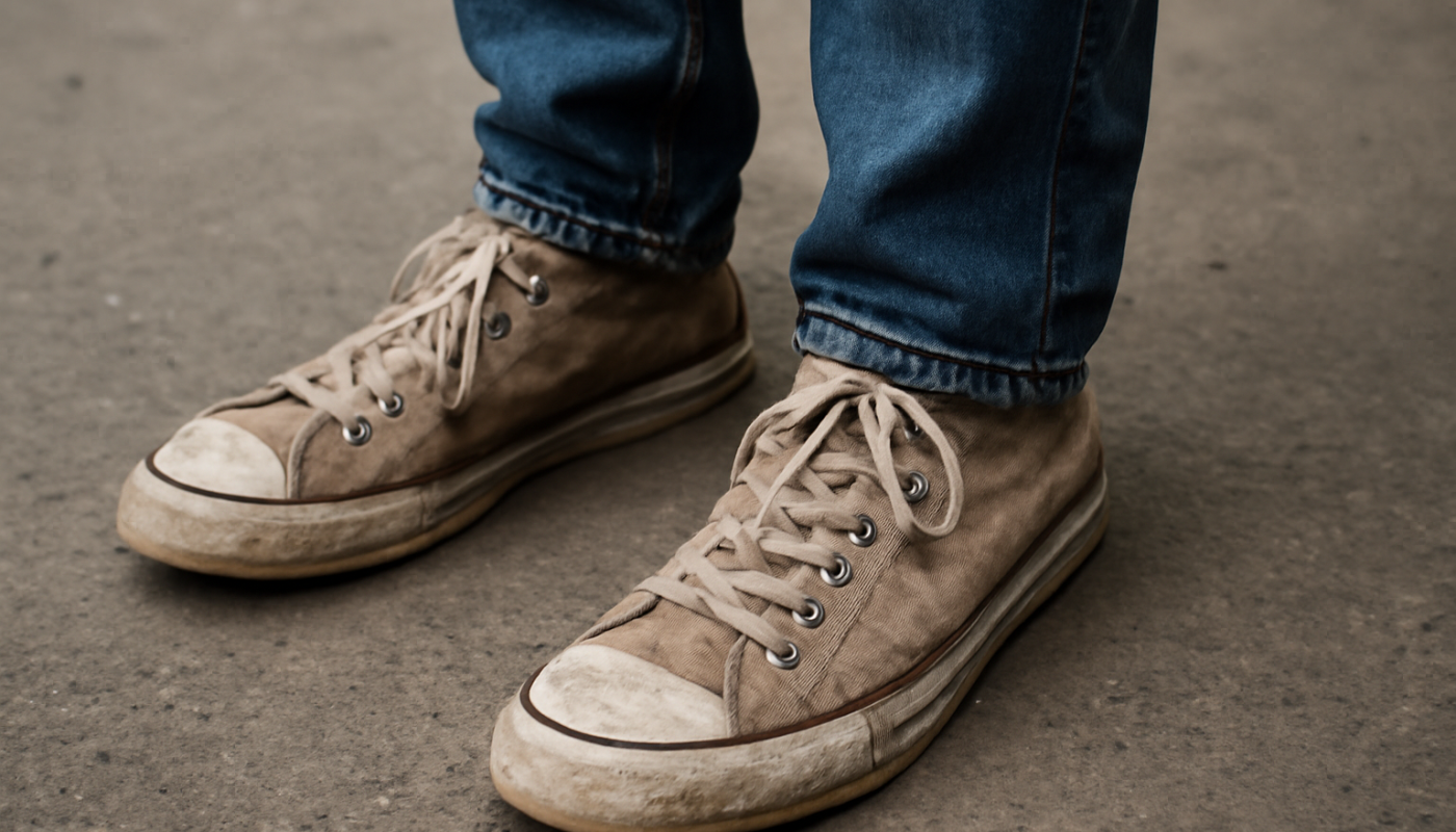 sneakers au style usé portées avec jean et veste casual