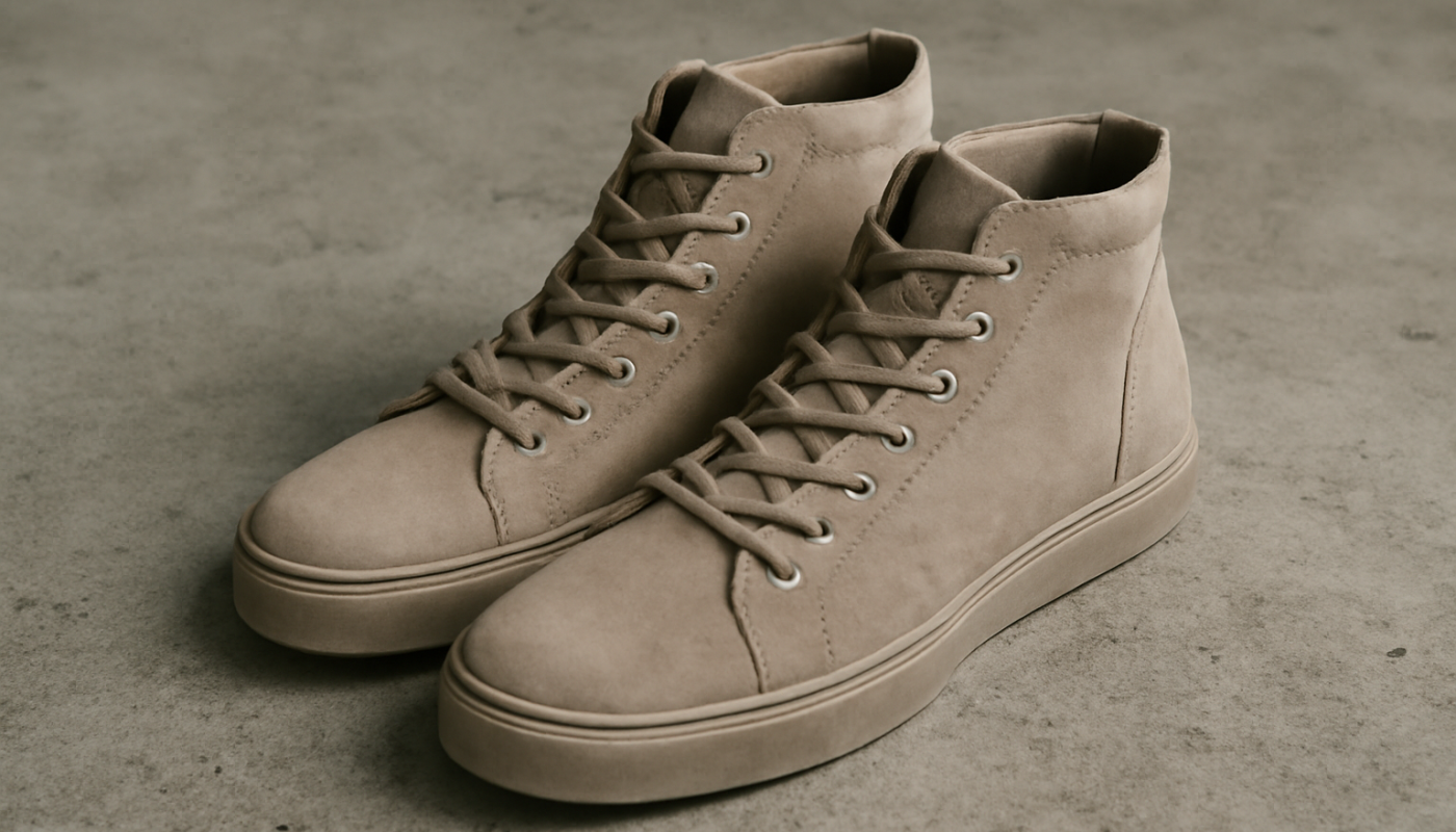 sneakers minimalistes inspirées de chaussures militaires posées sur sol béton