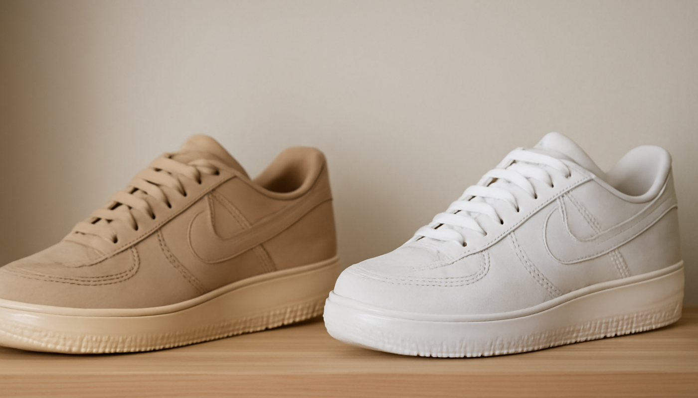 deux paires de sneakers comparées sur une étagère