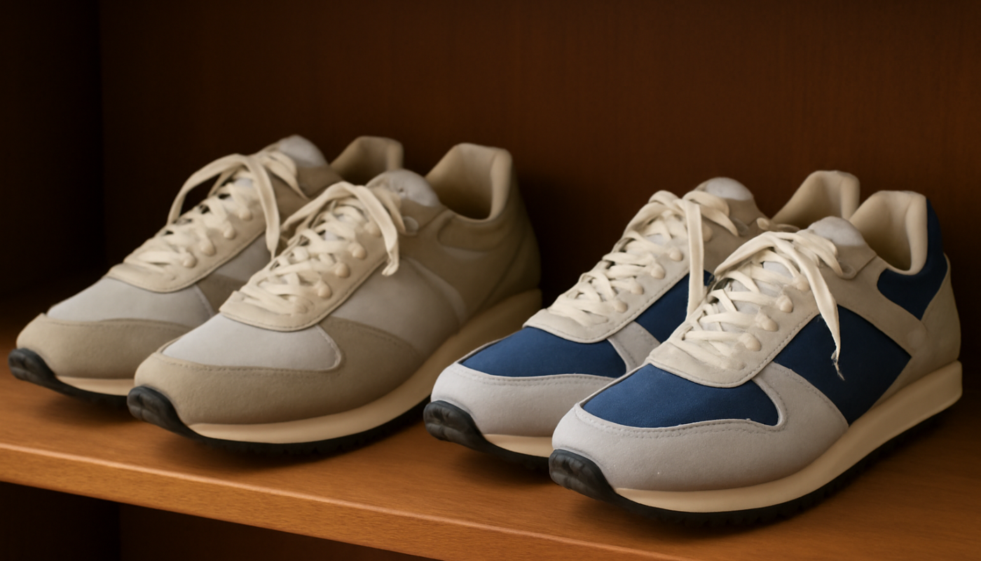 deux paires de sneakers rétro comparées sur une étagère