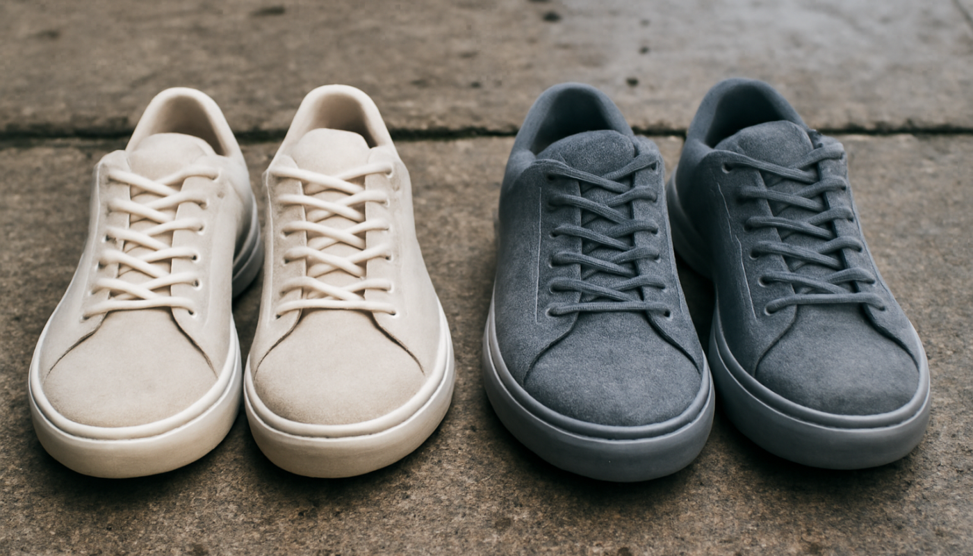 deux paires de sneakers comparées sur sol urbain