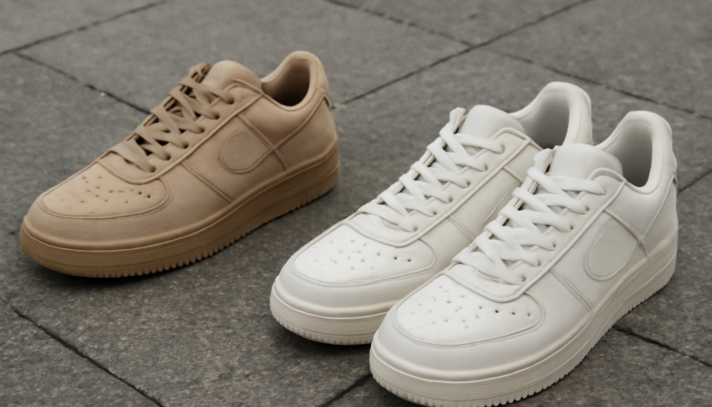 deux paires de sneakers comparées sur sol urbain