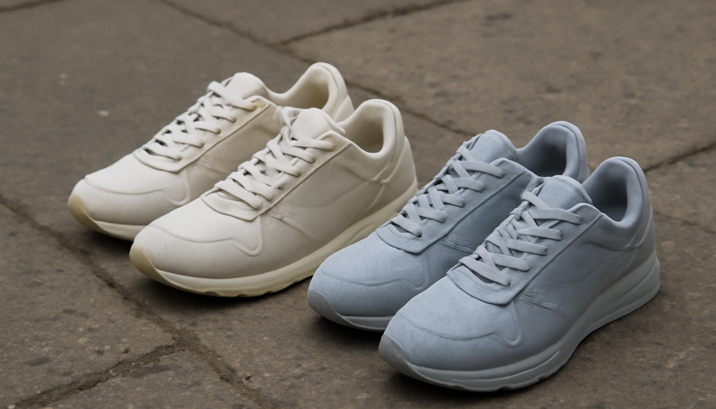 deux paires de sneakers comparées sur un sol urbain