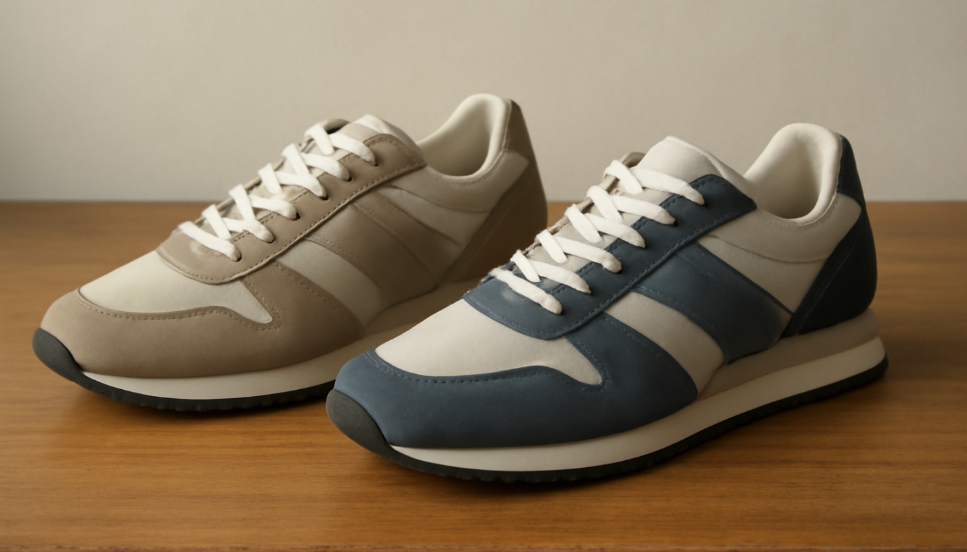 deux paires de sneakers rétro alignées sur table