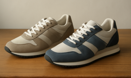 deux paires de sneakers rétro alignées sur table