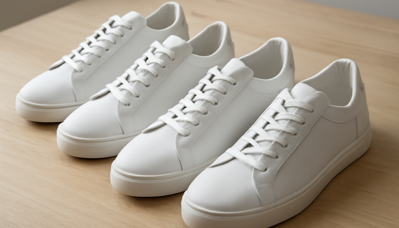 trois paires de sneakers blanches en cuir alignées sur une table