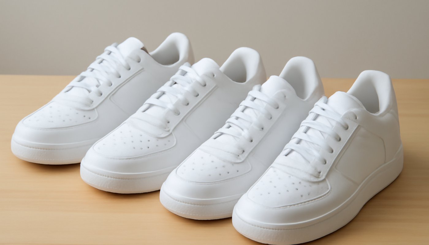 trois paires de sneakers blanches alignées sur table