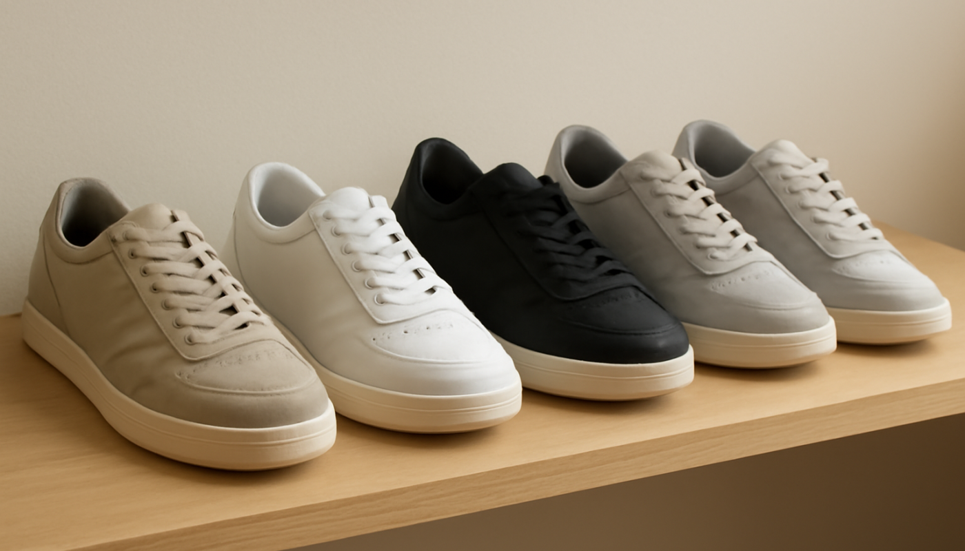 plusieurs paires de sneakers alignées sur étagère