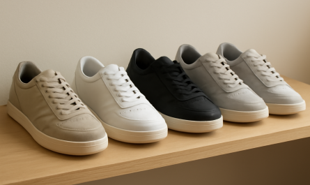 plusieurs paires de sneakers alignées sur étagère