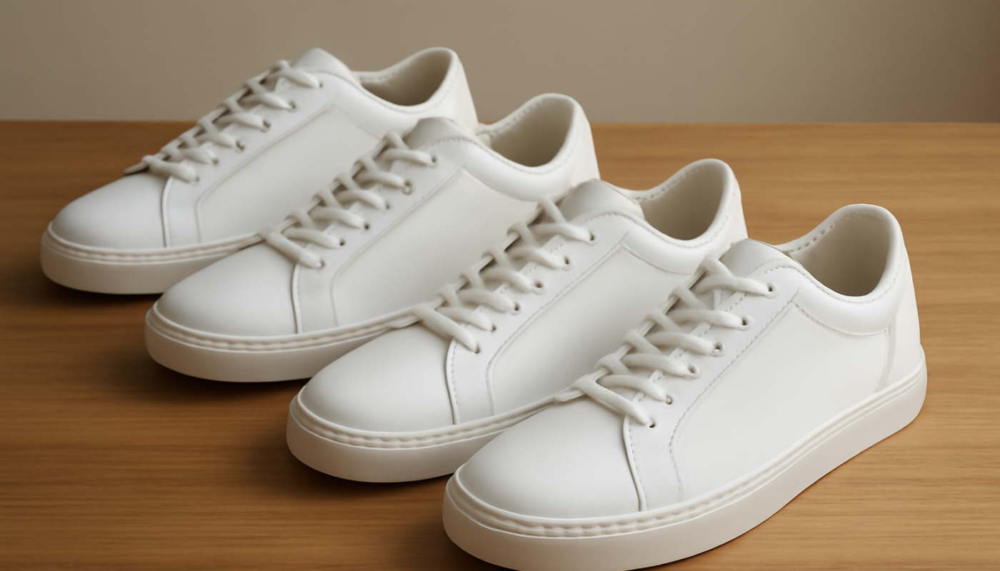 trois paires de sneakers en cuir blanc sur table