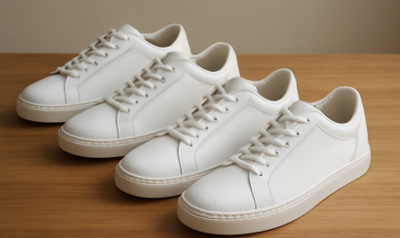 trois paires de sneakers en cuir blanc sur table