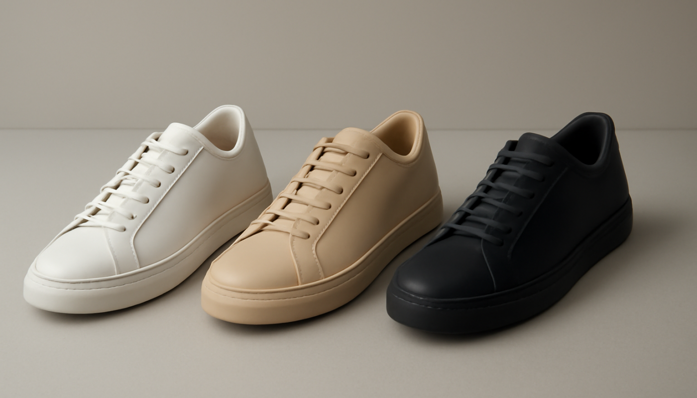 trois paires de sneakers minimalistes en cuir alignées