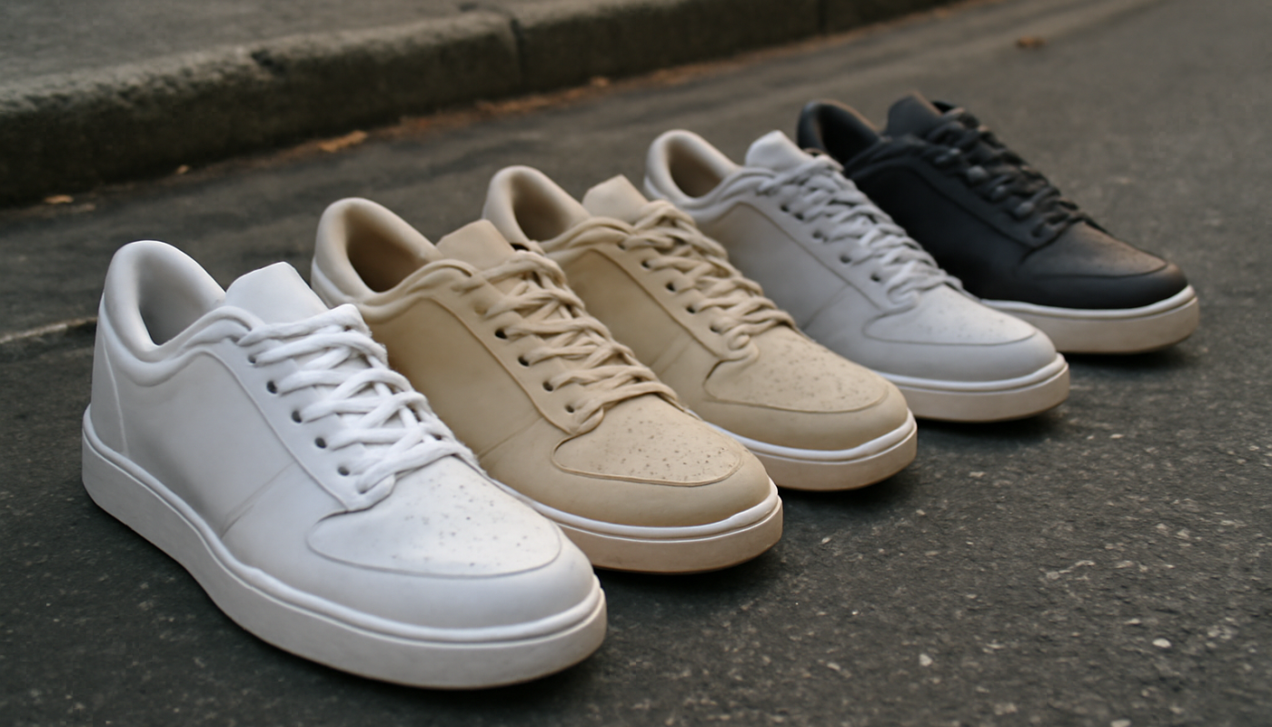 plusieurs paires de sneakers alignées sur un sol urbain