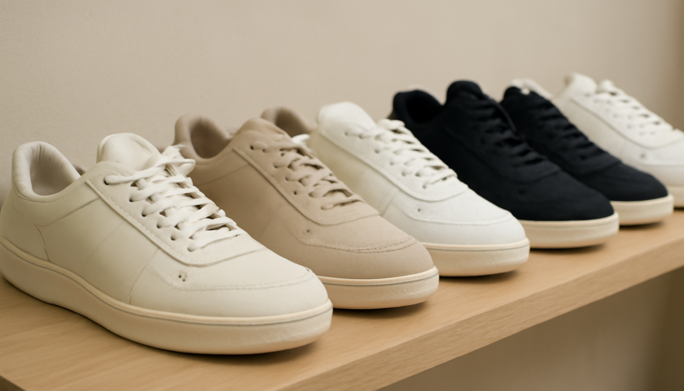 plusieurs paires de sneakers alignées sur une étagère