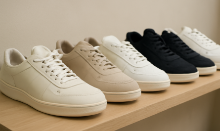 plusieurs paires de sneakers alignées sur une étagère
