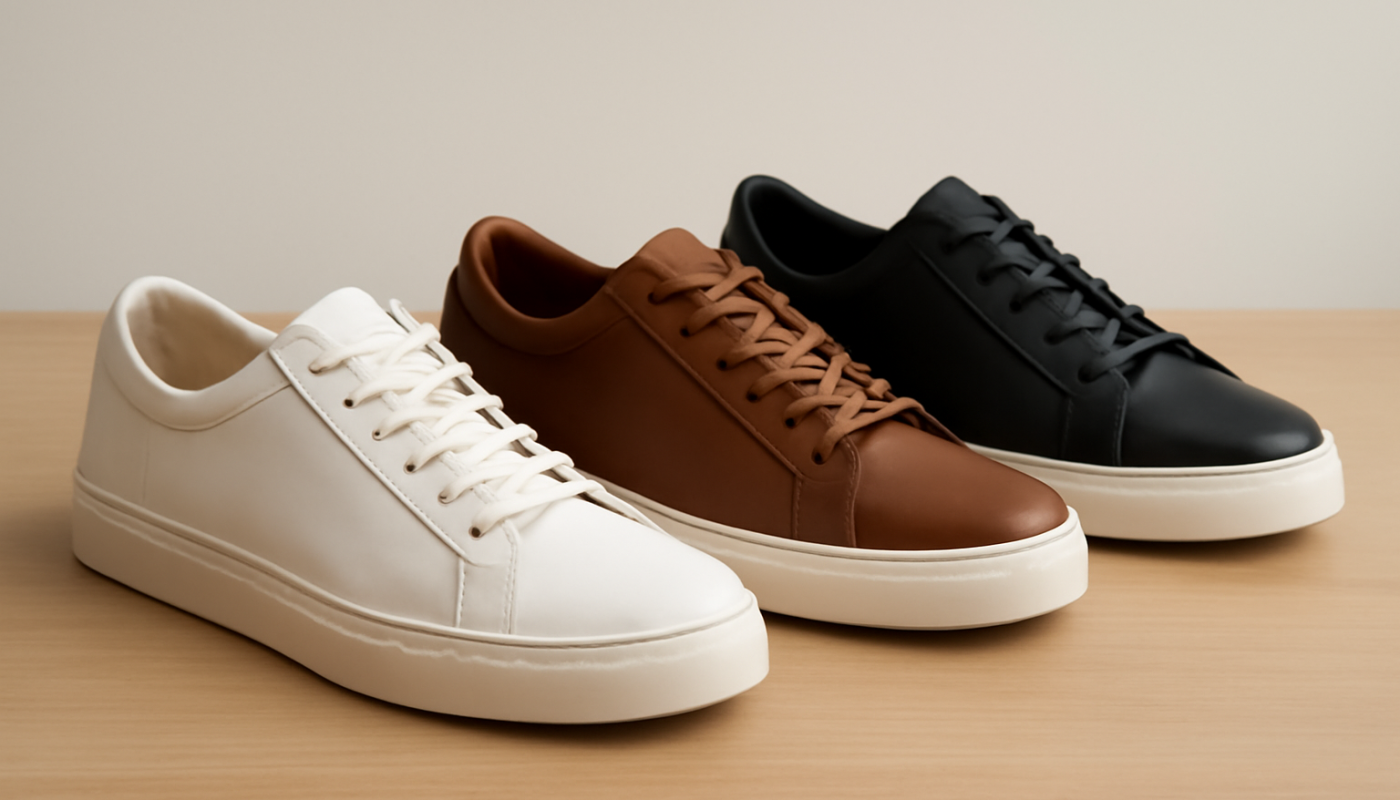 trois paires de sneakers en cuir alignées sur table