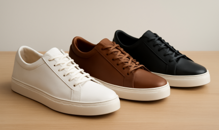trois paires de sneakers en cuir alignées sur table