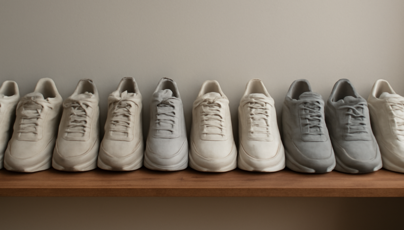 plusieurs paires de sneakers alignées sur étagère