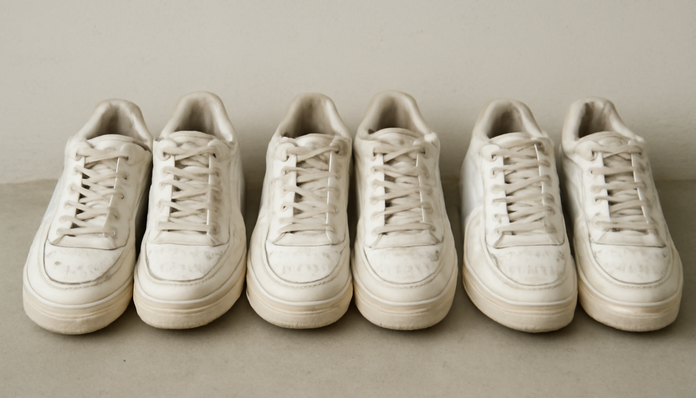 trois paires de sneakers rétro blanches alignées