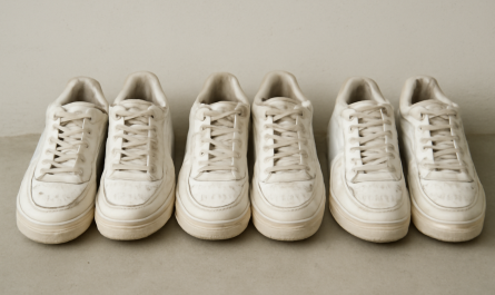 trois paires de sneakers rétro blanches alignées