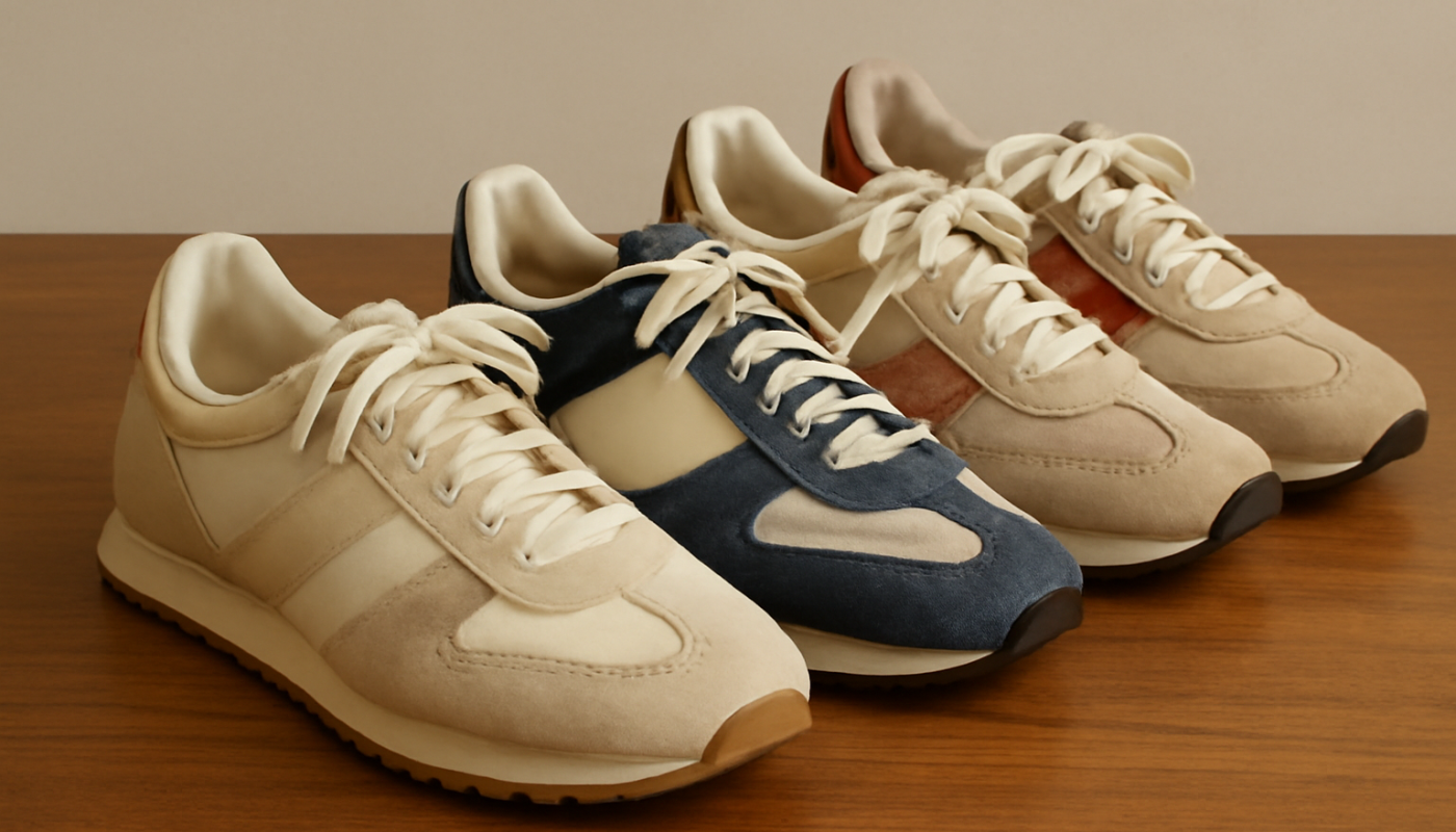 trois paires de sneakers rétro alignées sur une table